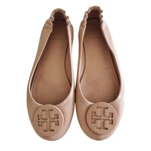Tory Burch Minnie Travel Ballet Flats Nude Beige Leather Logo 6.5